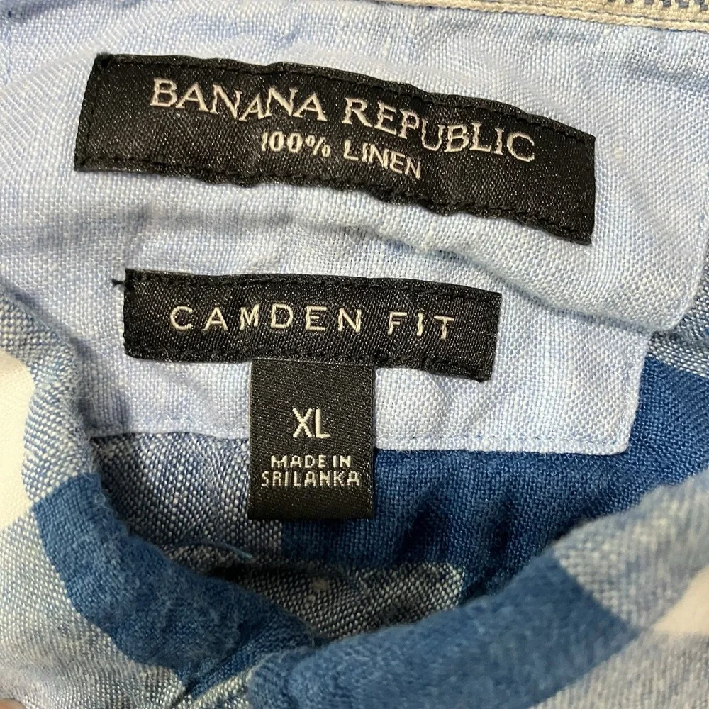 Banana Republic Camden Fit 100% Linen Blue Buffalo Plaid Shirt Men's Size XL